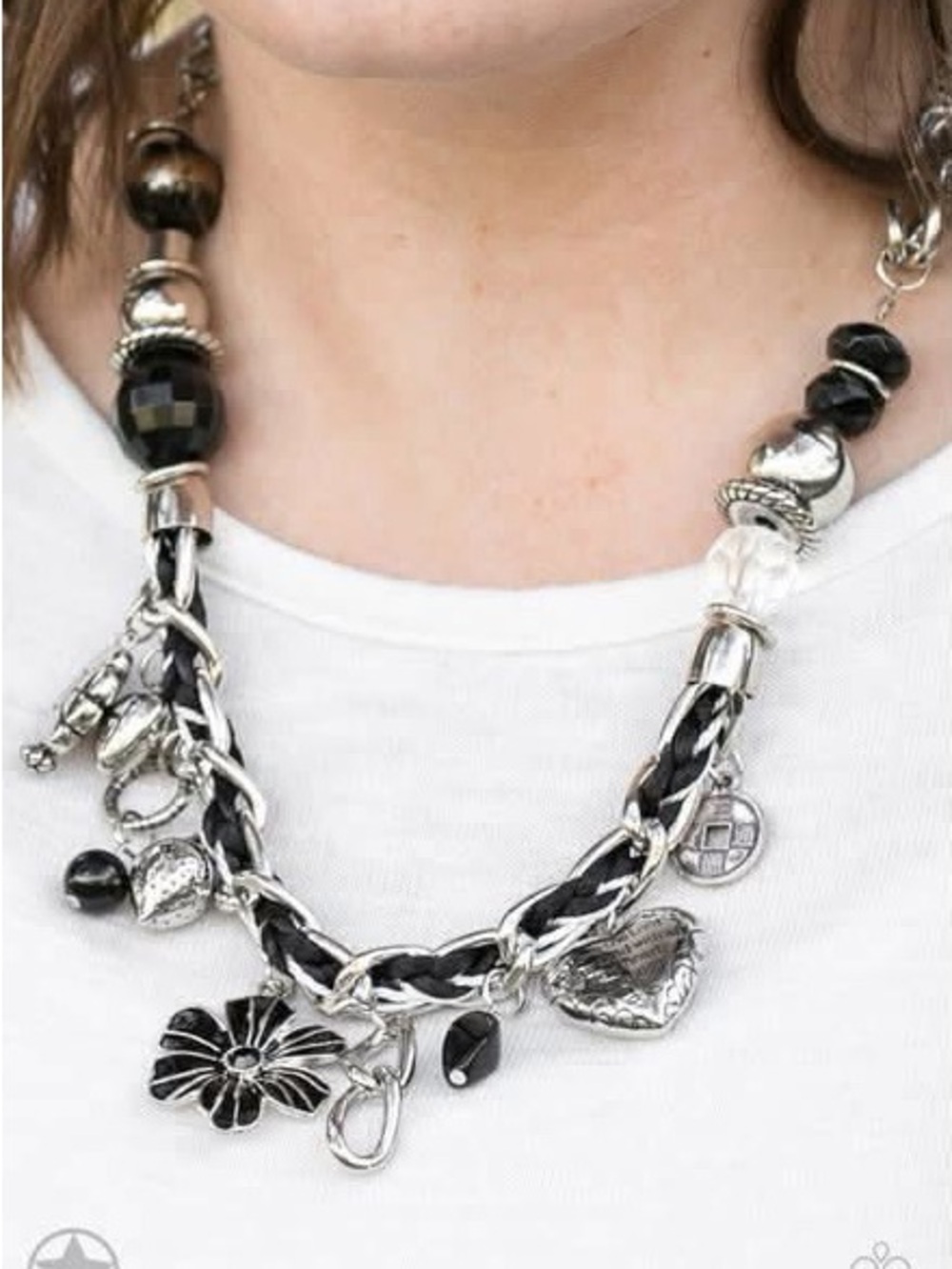 Black and Silver Charm Statement Necklace - Women Jewelry